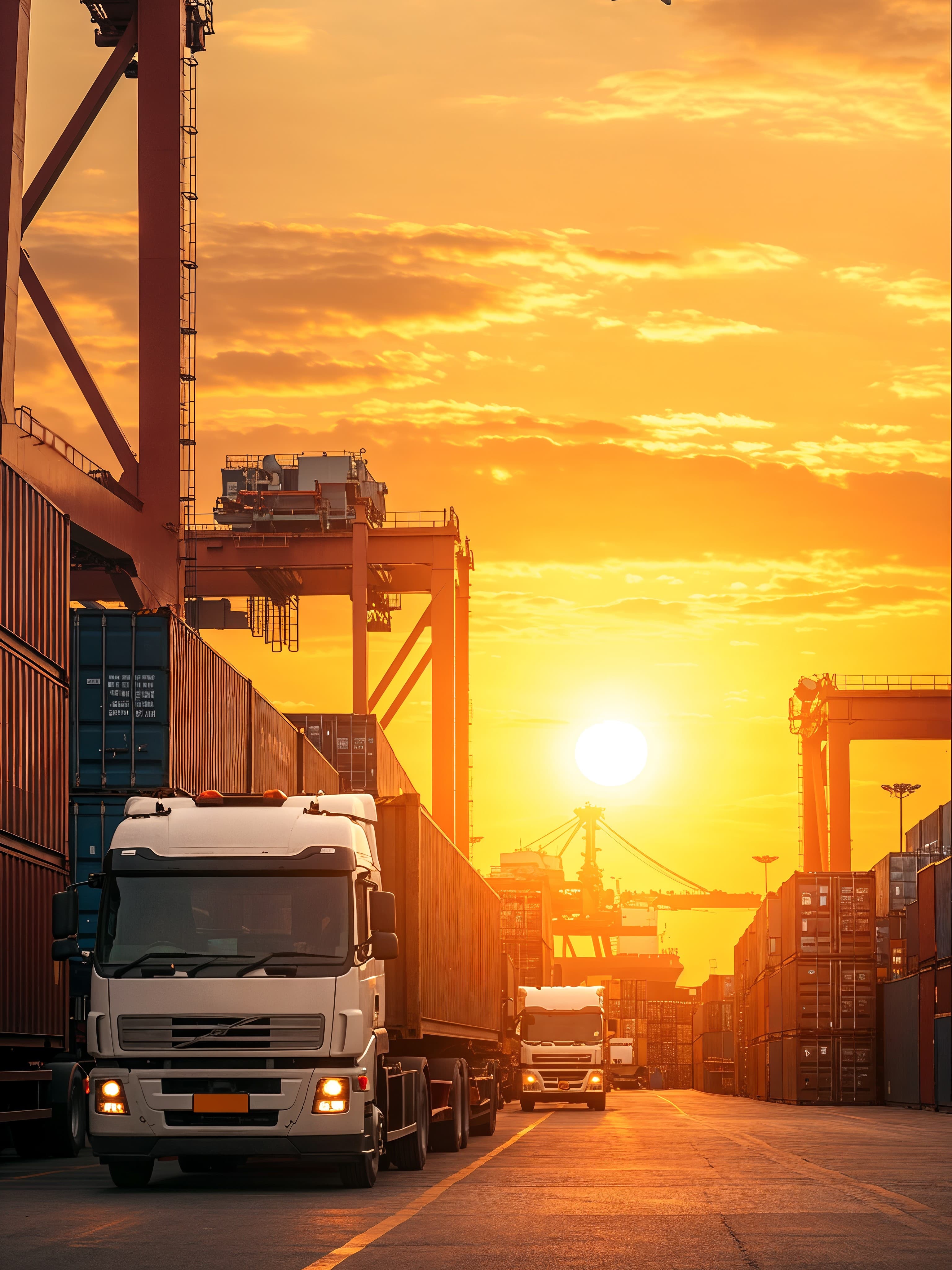 Container trucks at a customs port during sunset