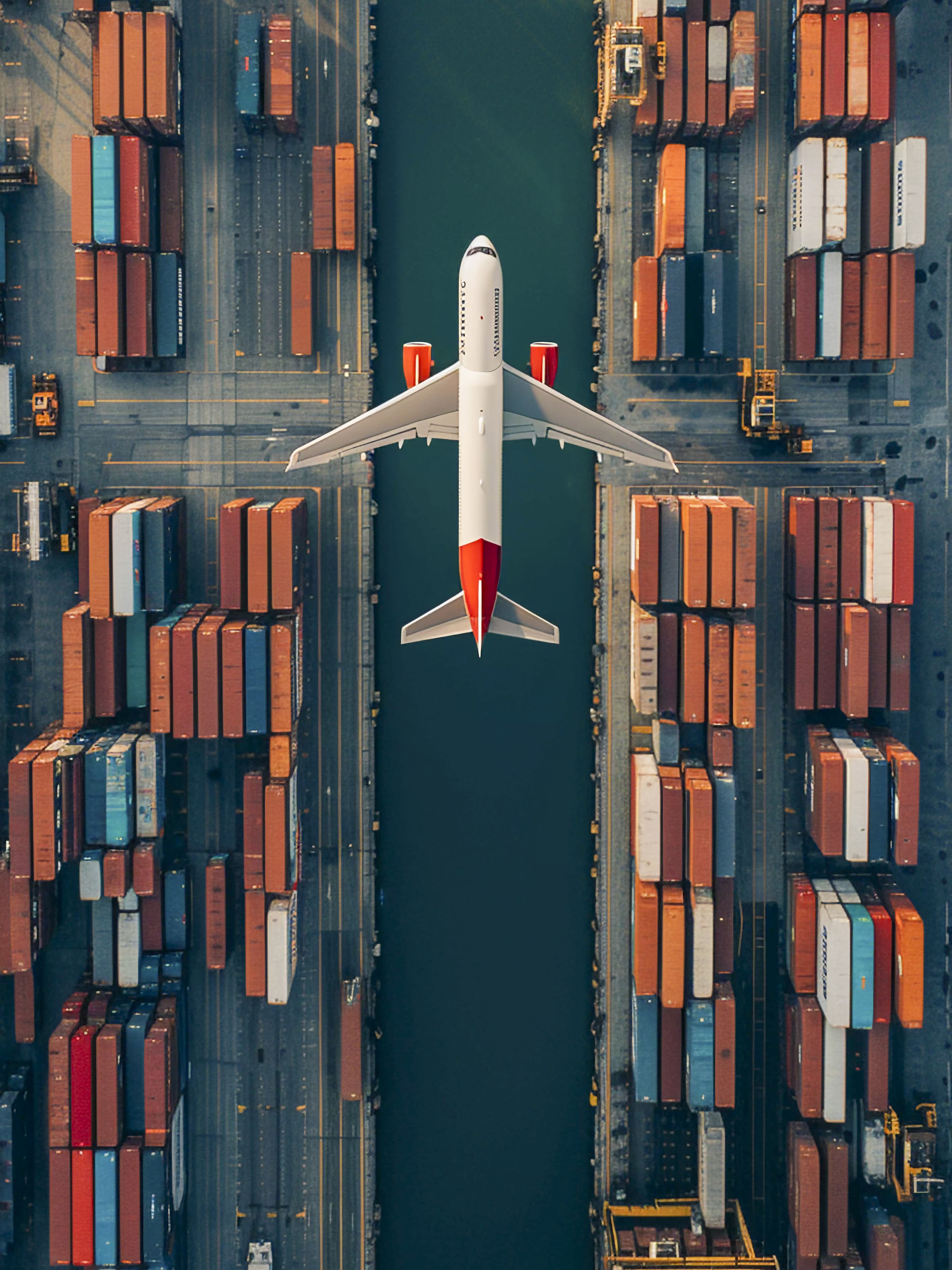 Cargo aircraft over a container terminal